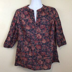 3/$10💕 Chaps Denim Blue Red Floral Print V Neck 3/4 Sleeve Blouse Shirt